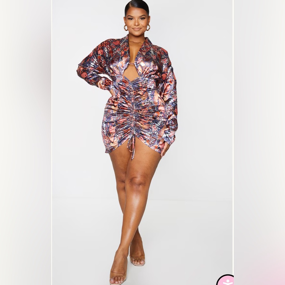 PLUS MULTI RUCHED BUTTERFLY PRINTED SATIN CUT OUT BODYCON DRESS